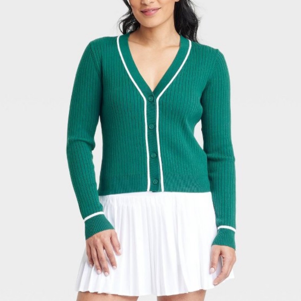 NWT All in Motion Tipped Tennis Cardigan Sweater Ribbed Cotton blend Medium